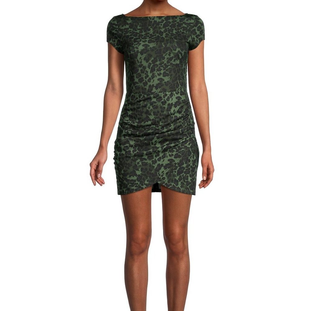 NWT Love Ady Printed Asymmetric Hem Mini Dress in Olive Black Size XS